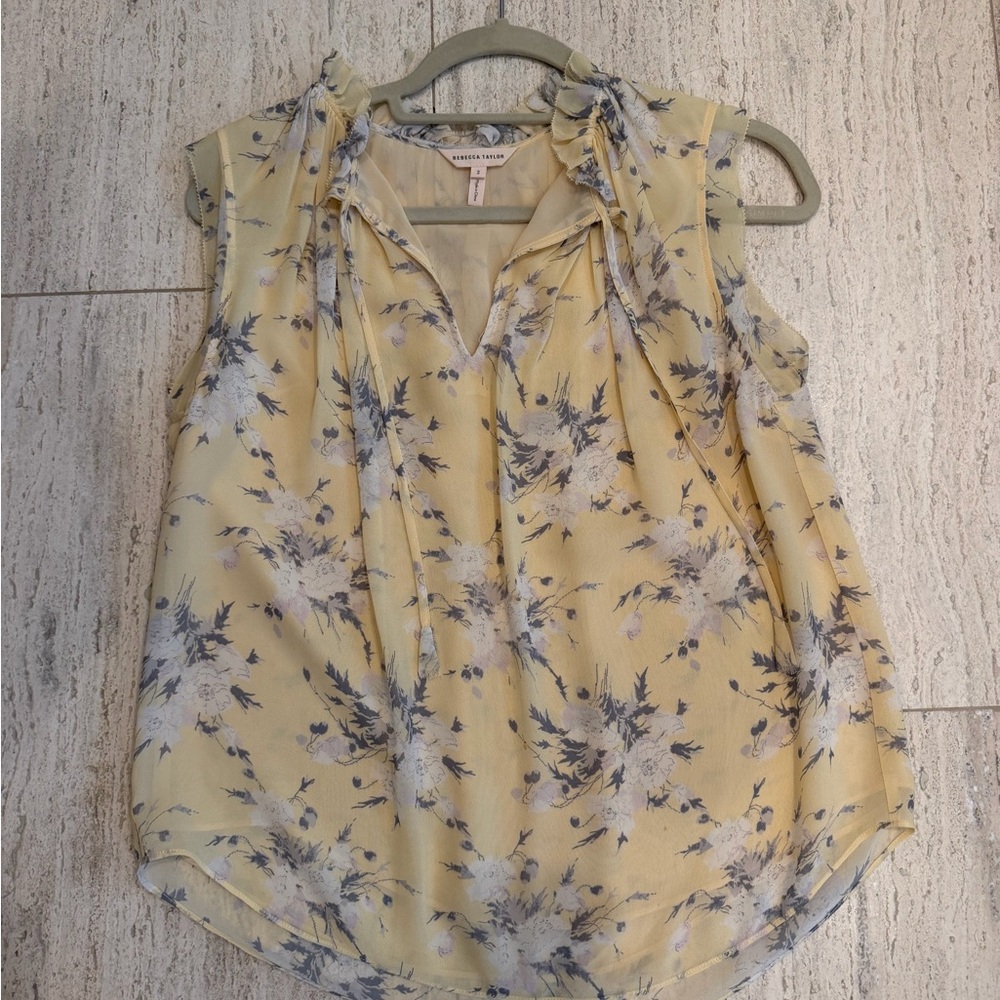 Rebecca Taylor Pale Yellow Floral Tie-Neck Sleeveless Top